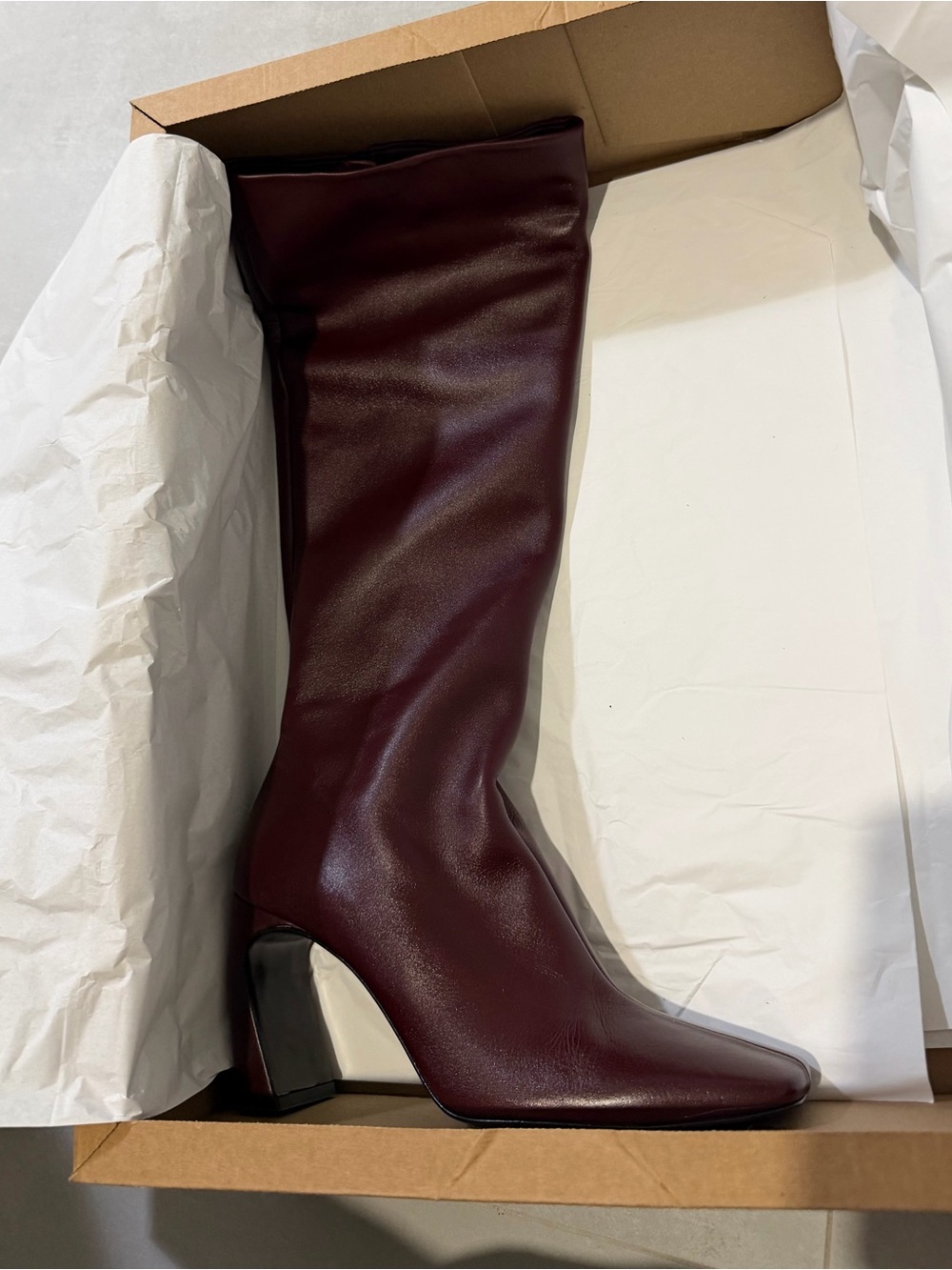 Zara Leather Oxblood KneeHigh Square Toe Architectural Heel Boots - Size 10 NEW - Picture 13 of 16